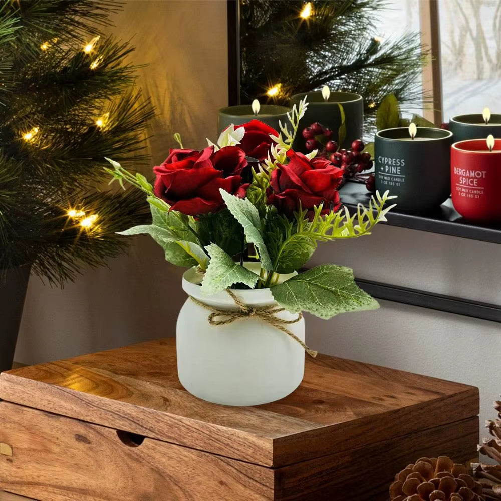 With Pots 3Rose Flower Artificial Potted Plant Miniscape Realistic Fake False Plants Vibrant Color Simulated Potted Plant