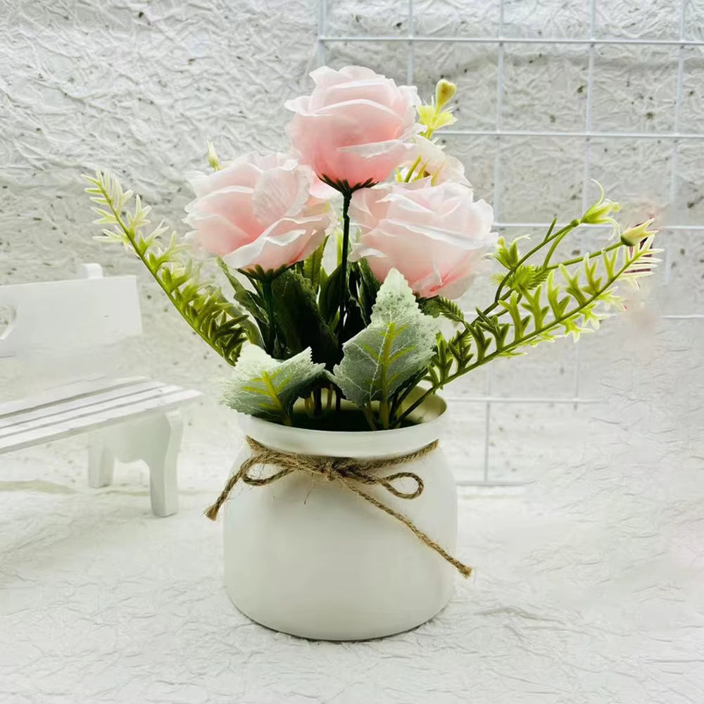 With Pots 3Rose Flower Artificial Potted Plant Miniscape Realistic Fake False Plants Vibrant Color Simulated Potted Plant