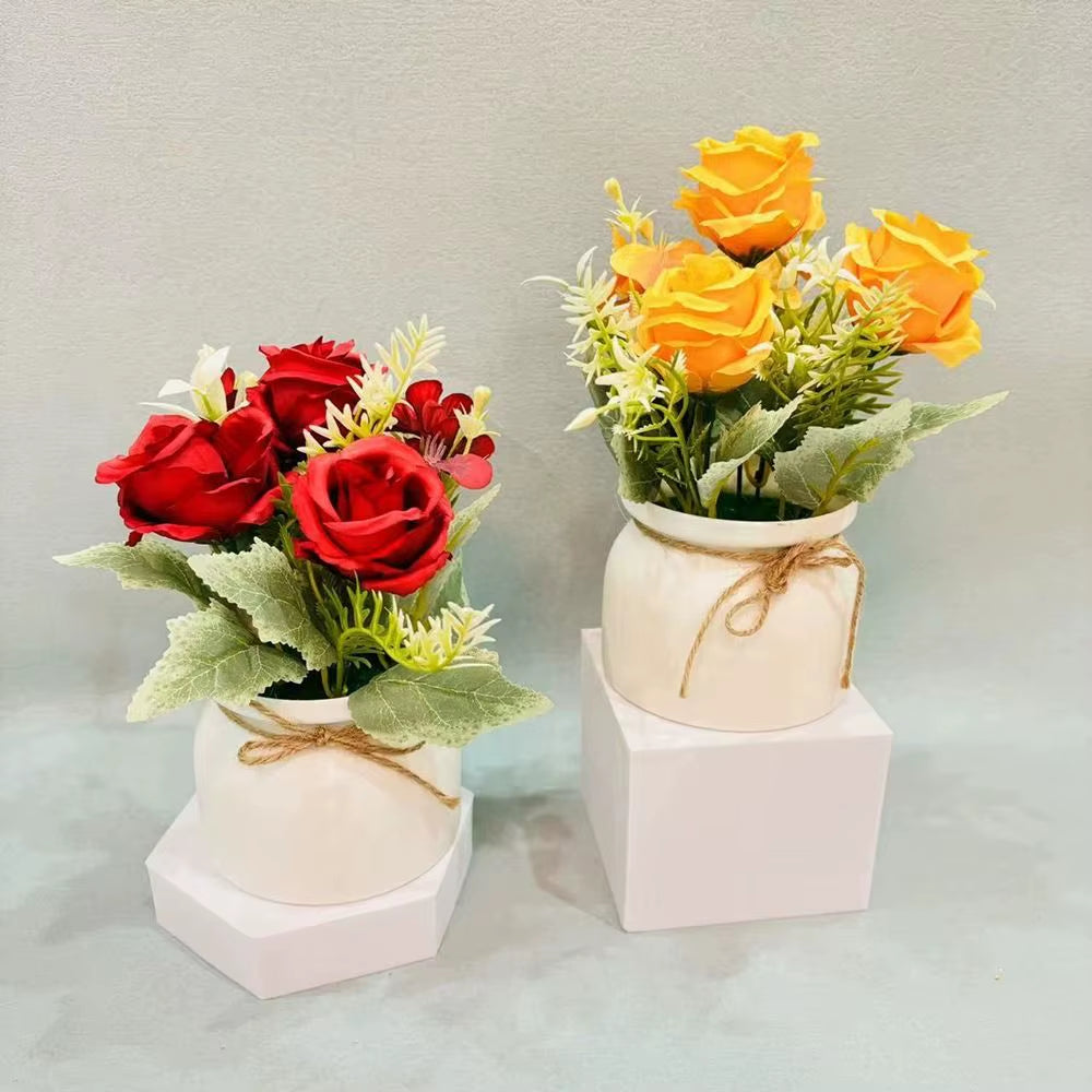 With Pots 3Rose Flower Artificial Potted Plant Miniscape Realistic Fake False Plants Vibrant Color Simulated Potted Plant