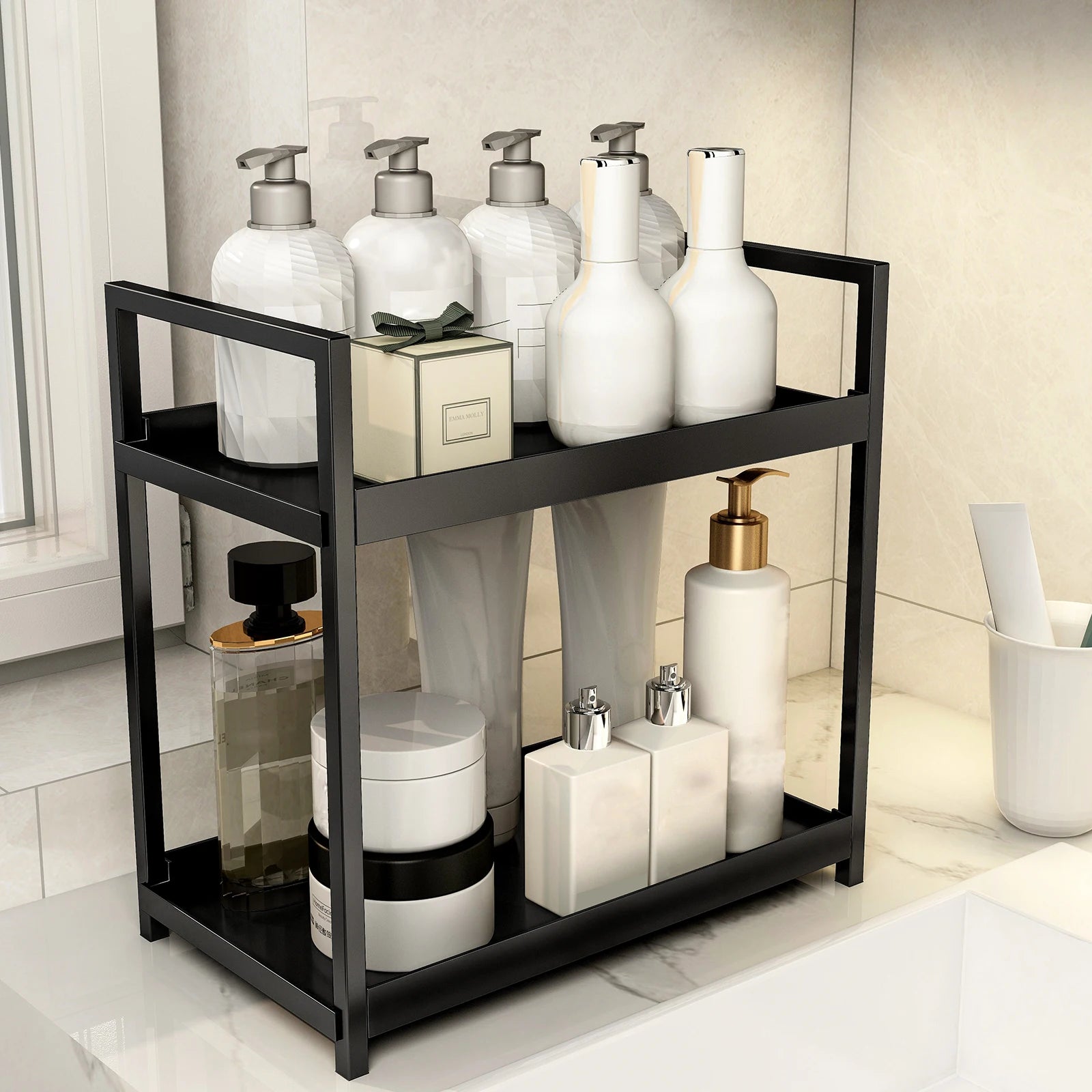 2 Tier Multifunctional Countertop Storage Rack,Bathroom Cosmetic Storage,Kitchen Spice Holder,Large-Capacity,Black and White