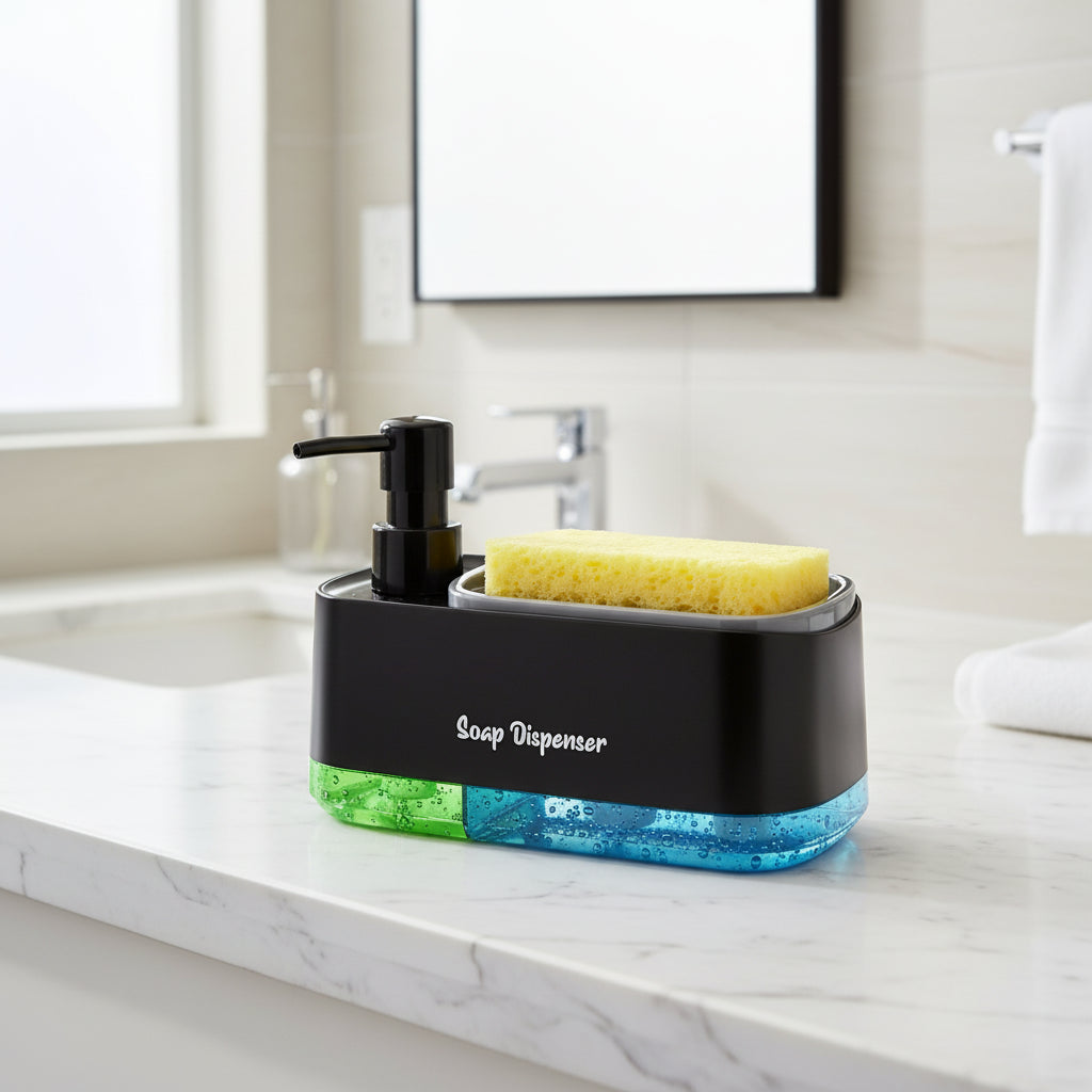 Hand and Dish Soap Dispenser Set Detergent Dispenser Sponge Holder 2-In-1 Countertop Soap Pump Dispenser for Kitchen Sink