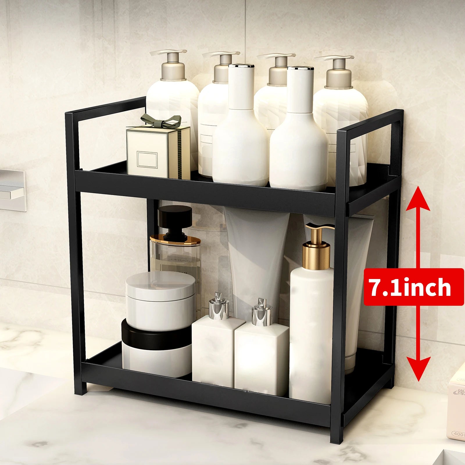 2 Tier Multifunctional Countertop Storage Rack,Bathroom Cosmetic Storage,Kitchen Spice Holder,Large-Capacity,Black and White