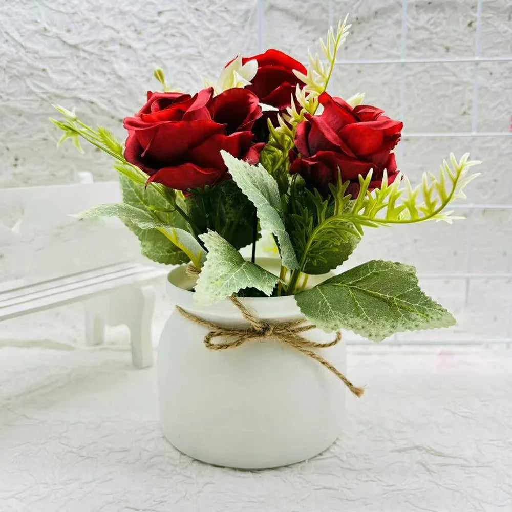 With Pots 3Rose Flower Artificial Potted Plant Miniscape Realistic Fake False Plants Vibrant Color Simulated Potted Plant