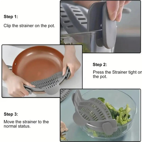 Clip-On Pot Strainer and Pour Guard